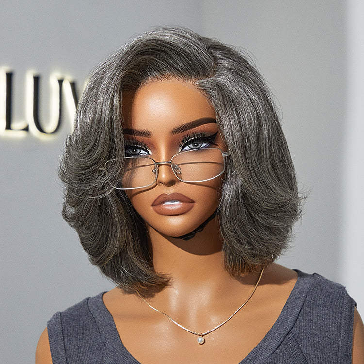 New Customers Only | Boss Vibe Salt & Pepper Layered Bob / Body Wave Glueless Pre-Cut Minimalist Lace Grey Wig