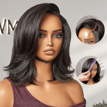 Natural Look Yaki Texture Layered Bangs Bob Wig Glueless Minimalist HD Lace Human Hair Wig Pre-Cut Lace