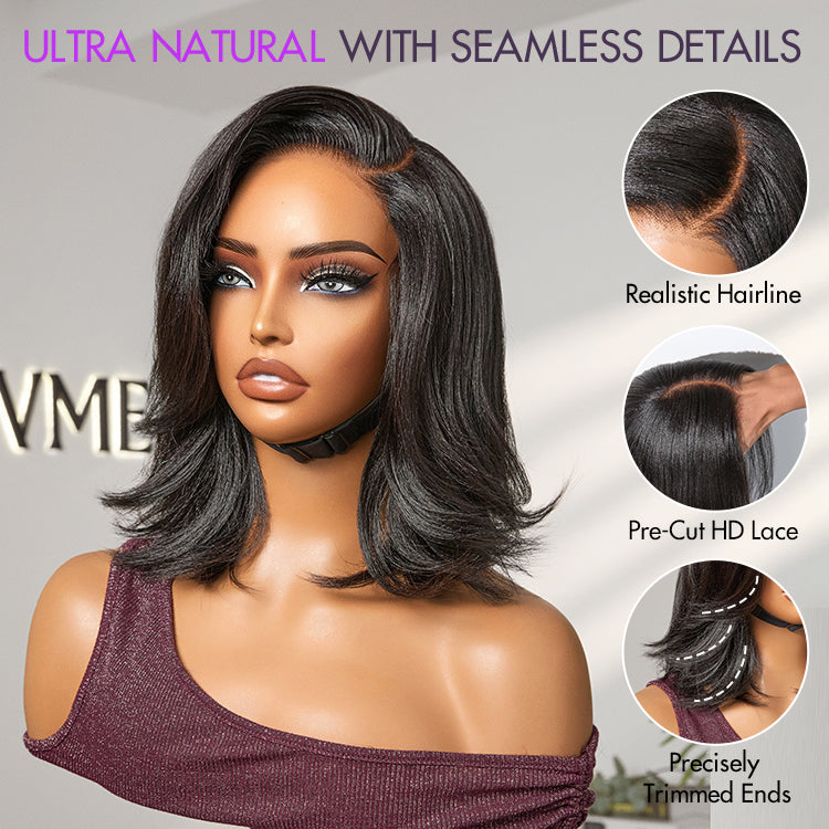 Crazy Wednesday | Natural Look Yaki Texture Layered Bangs Bob Wig Glueless Minimalist HD Lace Human Hair Wig Pre-Cut Lace