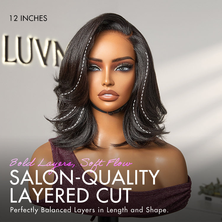 Crazy Wednesday | Natural Look Yaki Texture Layered Bangs Bob Wig Glueless Minimalist HD Lace Human Hair Wig Pre-Cut Lace