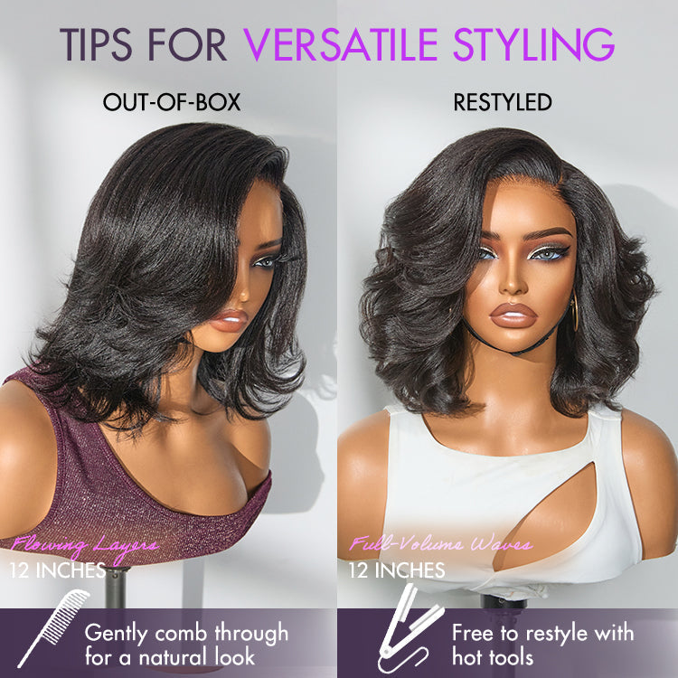 Natural Look Yaki Texture Layered Bangs Bob Wig Glueless Minimalist HD Lace Human Hair Wig Pre-Cut Lace