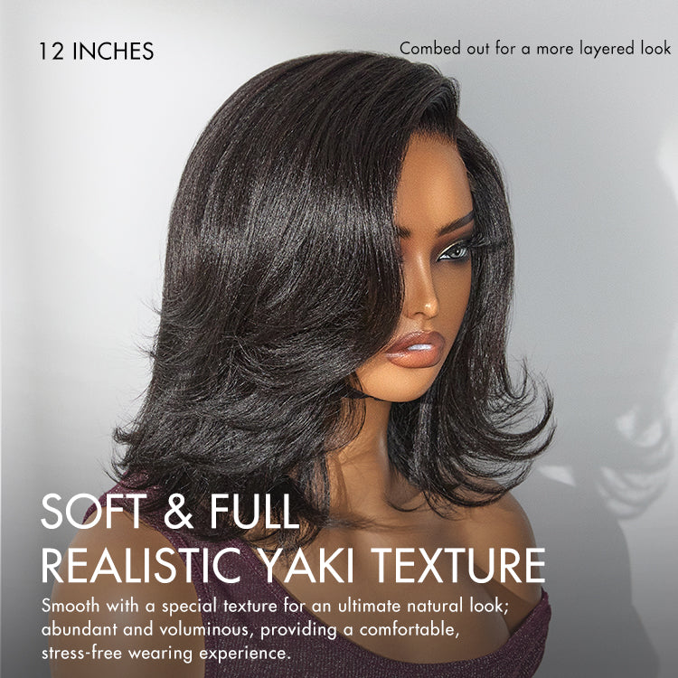 Crazy Wednesday | Natural Look Yaki Texture Layered Bangs Bob Wig Glueless Minimalist HD Lace Human Hair Wig Pre-Cut Lace