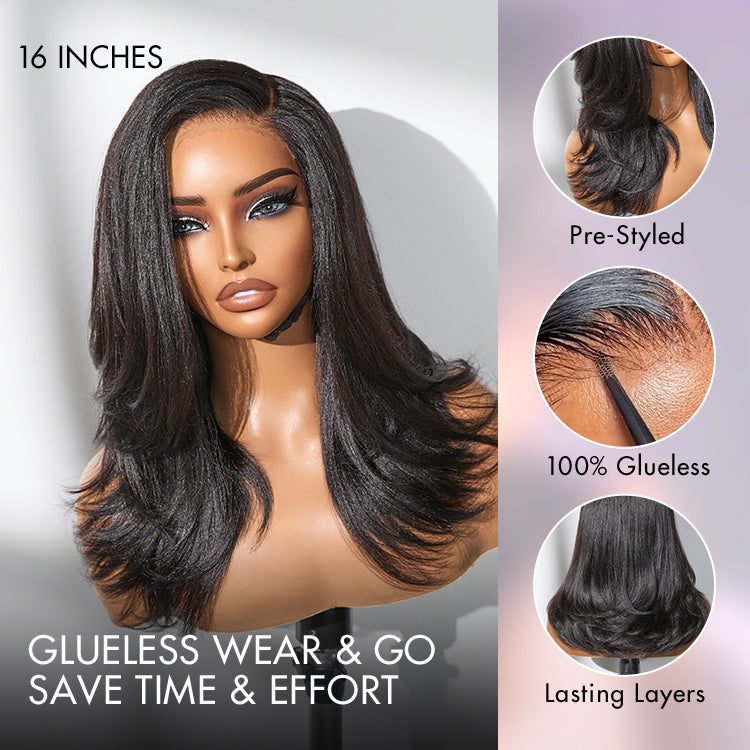 Crazy Wednesday | Natural Look Yaki Texture Layered Bangs Bob Wig Glueless Minimalist HD Lace Human Hair Wig Pre-Cut Lace