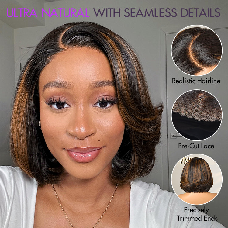 New Customers Only | Trendy Brown Highlight Layered Bob Blowout Glueless 5x5 Lace Closure Wig 100% Human Hair Pre-Cut Lace
