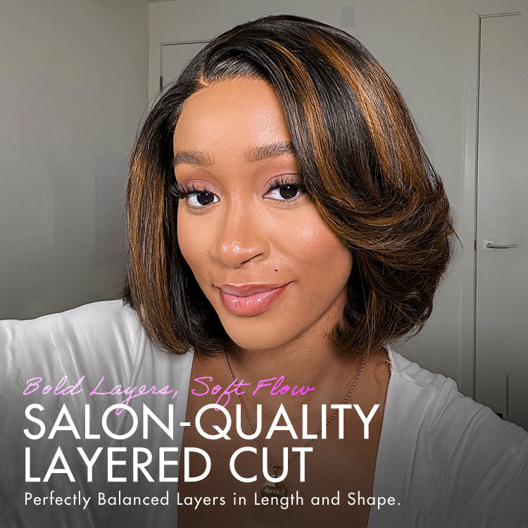 New Customers Only | Trendy Brown Highlight Layered Bob Blowout Glueless 5x5 Lace Closure Wig 100% Human Hair Pre-Cut Lace
