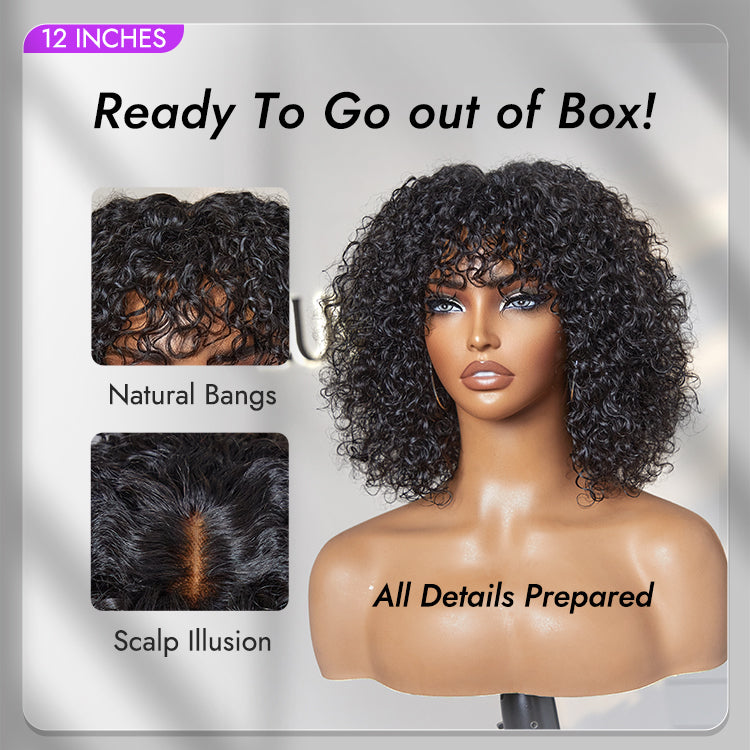 New Customers Only | Beginner Friendly Water Wave Minimalist Lace Glueless Short Curly Wig with Bangs