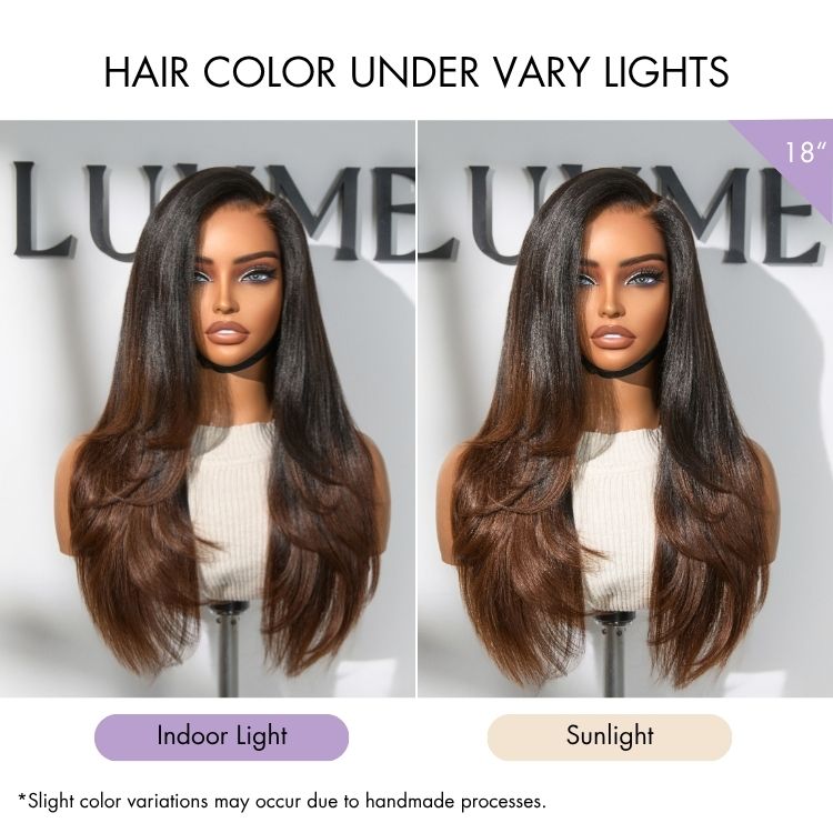 Luvme All-Day Comfort™ Wig 180% Density Ombre Brown Layered Light Yaki Straight Glueless 7x6 Closure HD Lace Human Hair Long Wig Pre-Cut Lace