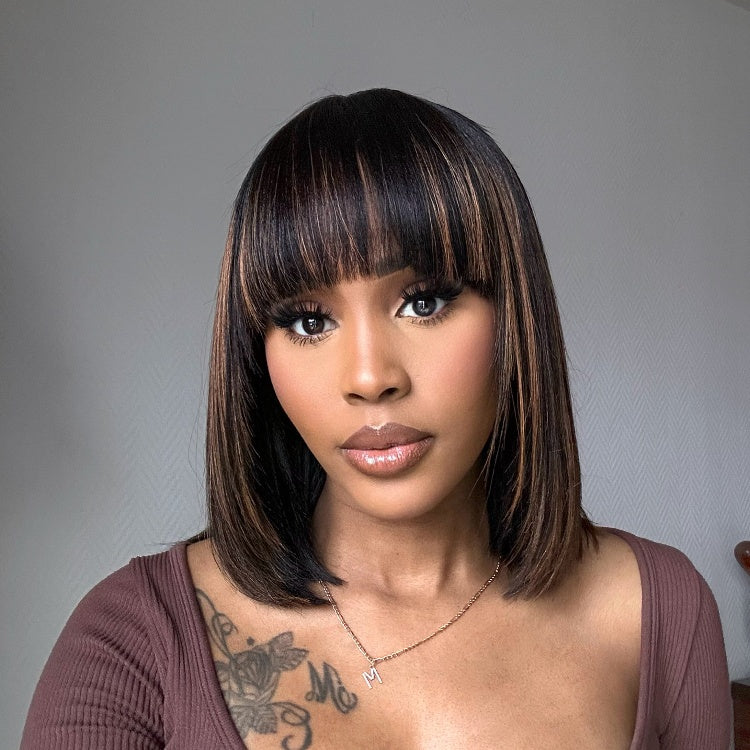 Weekly Special | Put On and Go Reddish Purple / Brown Highlight / Natural Black Layered Cut Yaki Straight Minimalist Lace Bob Wig with Bangs