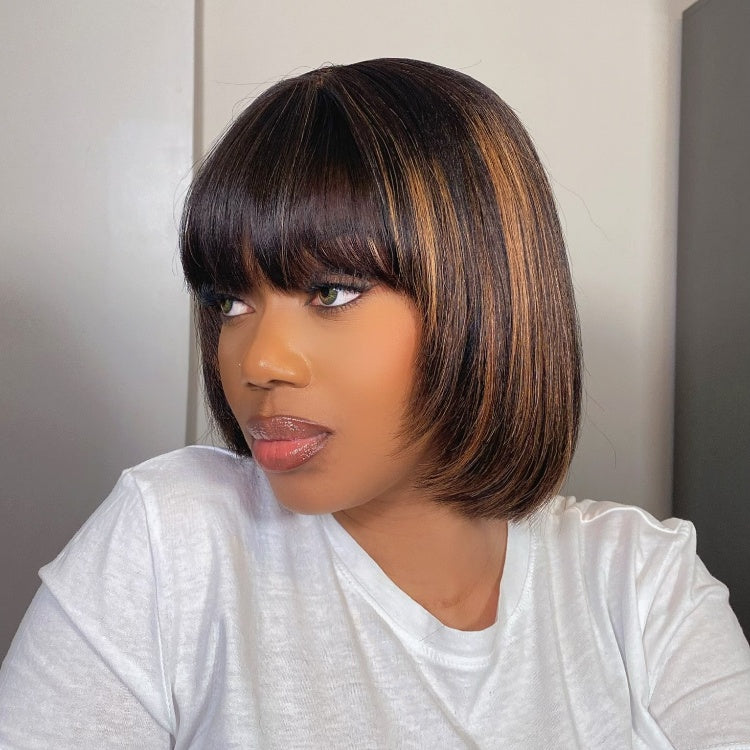 Weekly Special | Put On and Go Reddish Purple / Brown Highlight / Natural Black Layered Cut Yaki Straight Minimalist Lace Bob Wig with Bangs