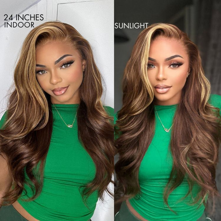 24 inches = $179.9 | Honey Blonde Highlight Bouncy Body Wave Glueless 13x4 Frontal Lace Human Hair Wig