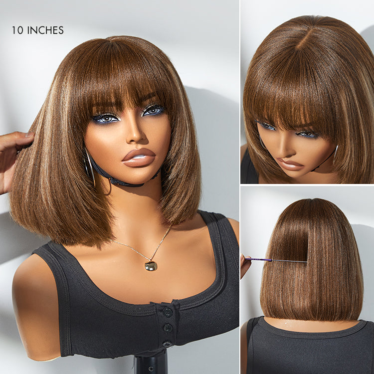 Tiktok Exclusive Deal | Put On and Go Reddish Purple / Brown Highlight / Natural Black Layered Cut Yaki Straight Minimalist Lace Bob Wig with Bangs