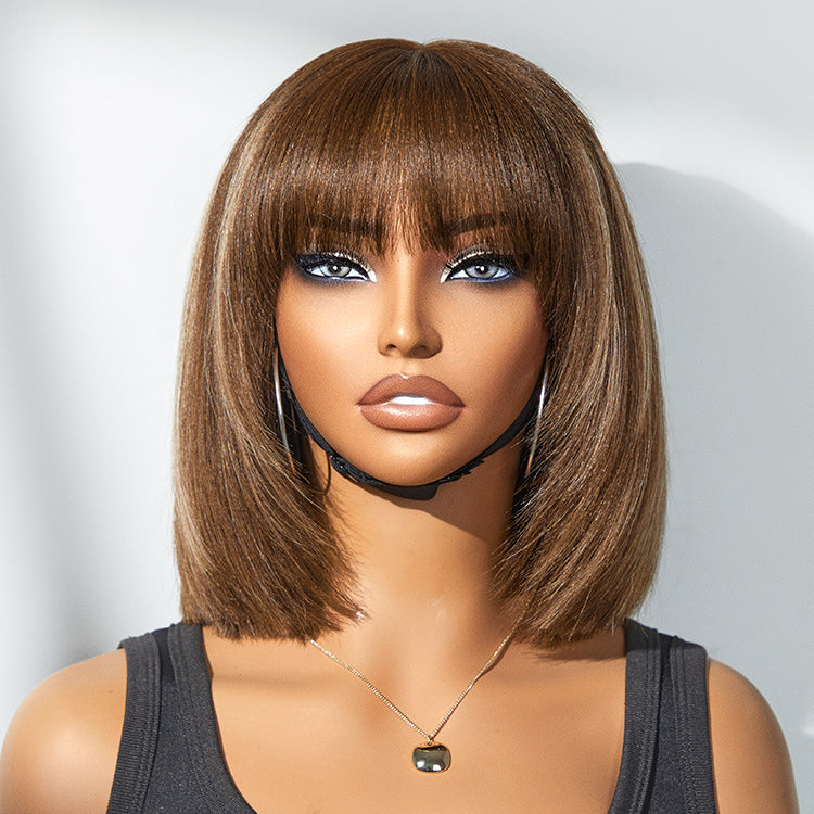 Tiktok Exclusive Deal | Put On and Go Reddish Purple / Brown Highlight / Natural Black Layered Cut Yaki Straight Minimalist Lace Bob Wig with Bangs