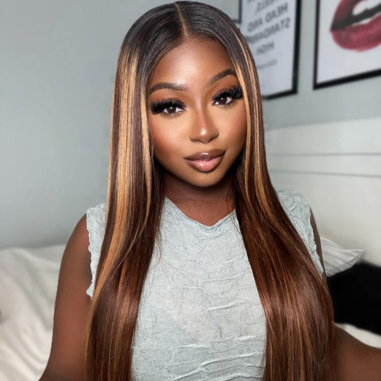 26 inches = $209.9 | Blonde Highlight Silky Straight Ear-to-ear Glueless 13x6 Frontal HD Lace Long Wig Pre-Cut Lace