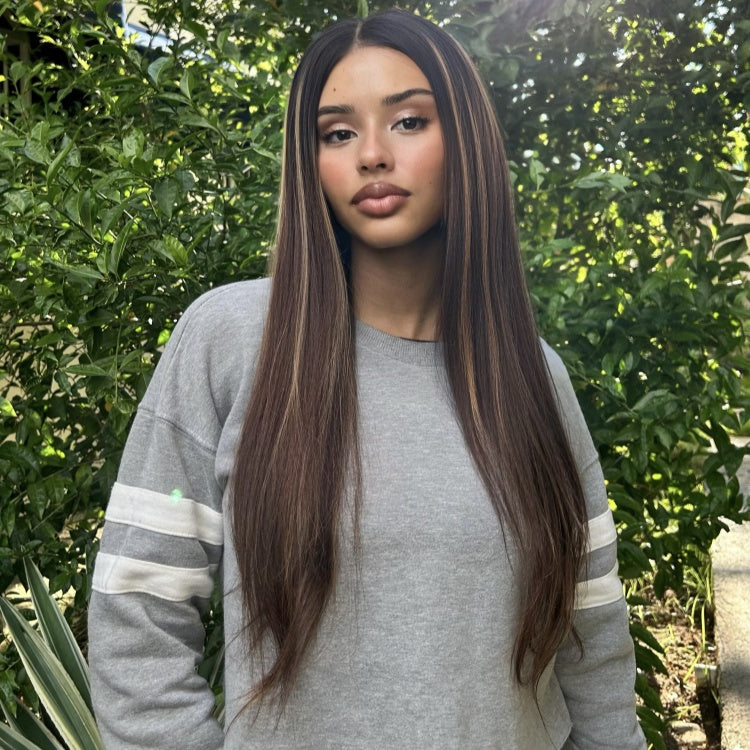 26 inches = $209.9 | Blonde Highlight Silky Straight Ear-to-ear Glueless 13x6 Frontal HD Lace Long Wig Pre-Cut Lace