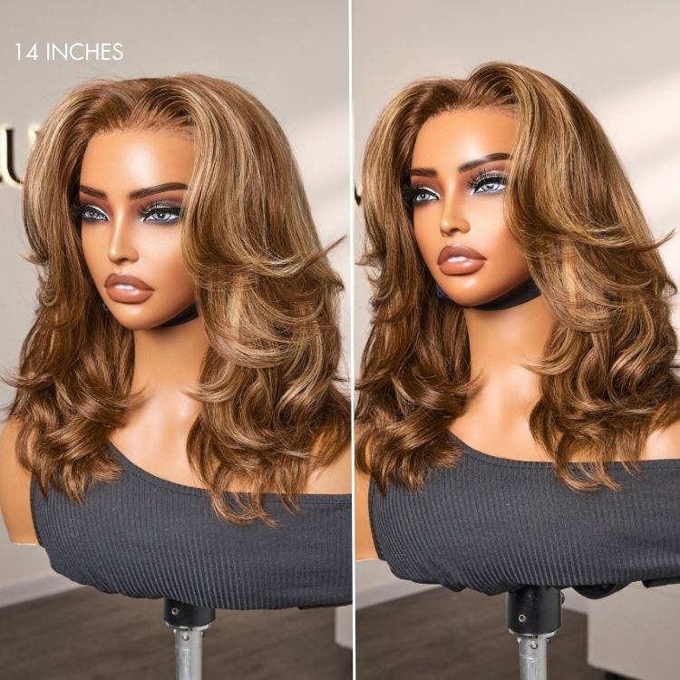 PreMax 180% Density Blonde Highlight Layered Body Wave Glueless 13x4 Frontal Lace Long Wig Human Hair Pre-Cut Lace