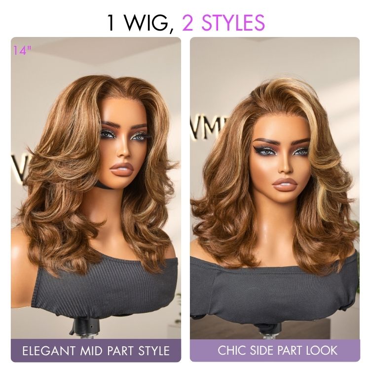 PreMax 180% Density Blonde Highlight Layered Body Wave Glueless 13x4 Frontal Lace Long Wig Human Hair Pre-Cut Lace