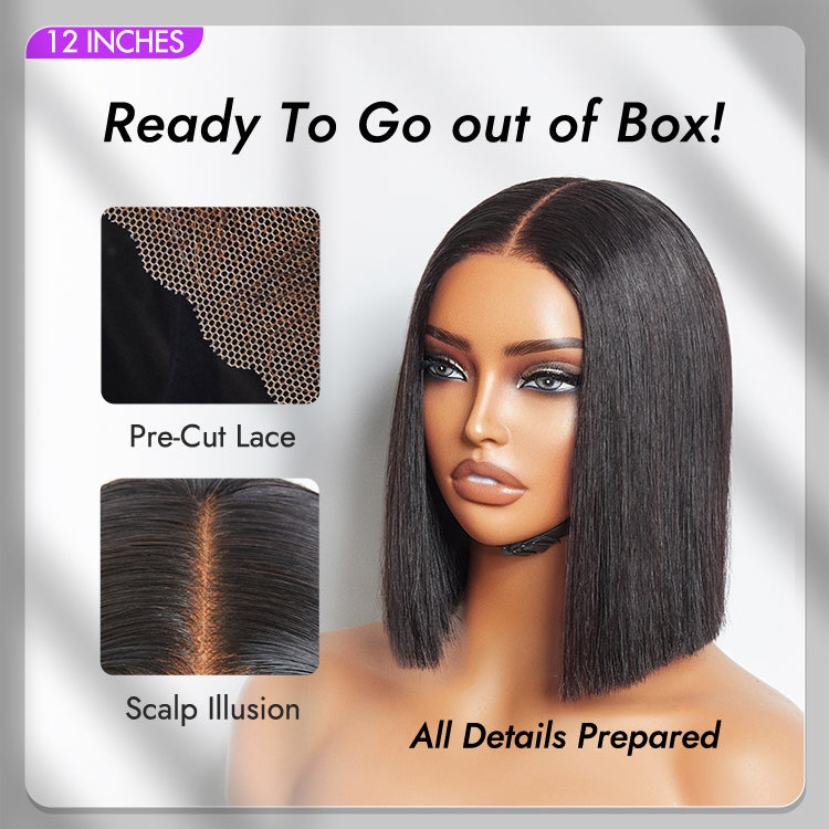 VIP DAY ONLY | 12 Inches  Glueless 4x4 Closure Undetectable HD Lace Bob Wig 100% Human Hair | Pre-bleached Knots