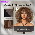 Beginner Friendly Ash Blonde Highlights Water Wave True Scalp Minimalist Lace Glueless Curly Wig with Bangs