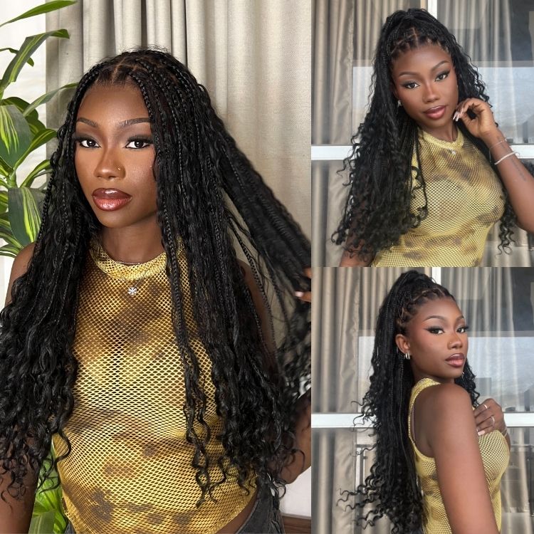 48H Delivery | Flexi-Fit Invisi Drawstring Cap Full Lace Knotless Boho Curls Braided Long Wig Super Natural Scalp -US ONLY