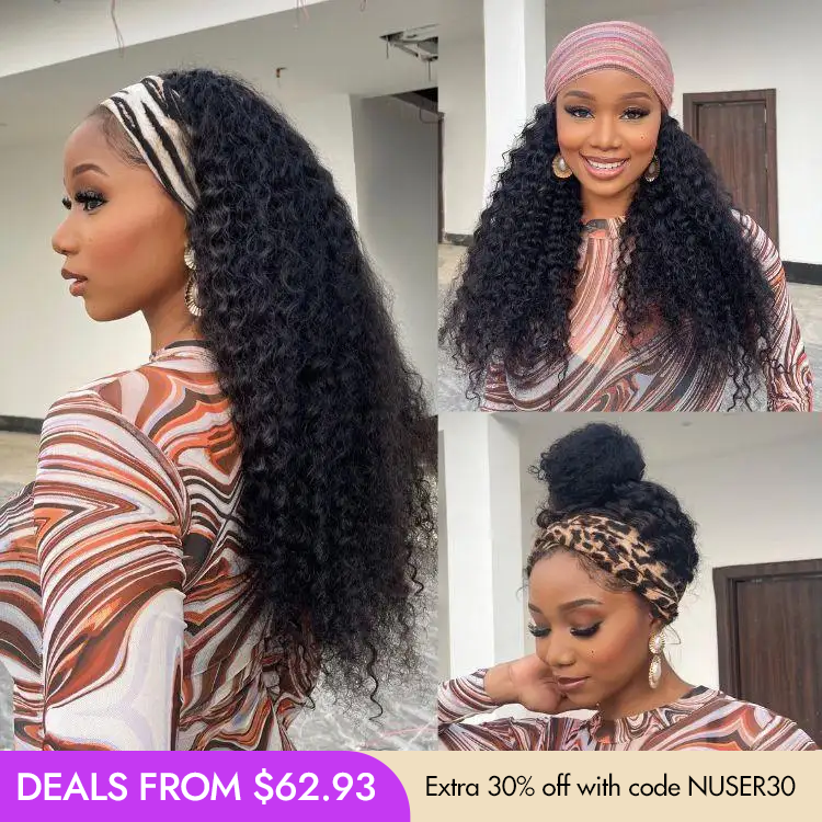 New Customers Only | Black / Brown Highlight Deep Wave Headband Wig (Get Free Trendy Headbands)