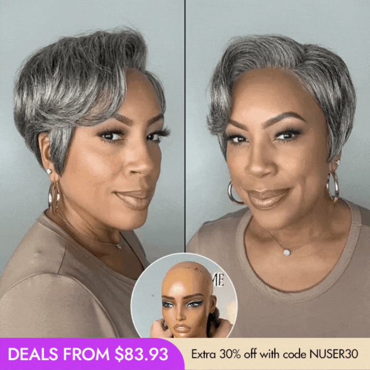 New Customers Only | Salt and Pepper Short Pixie Cut Wig Glueless Minimalist HD Lace Grey Wig Pre-Cut Lace