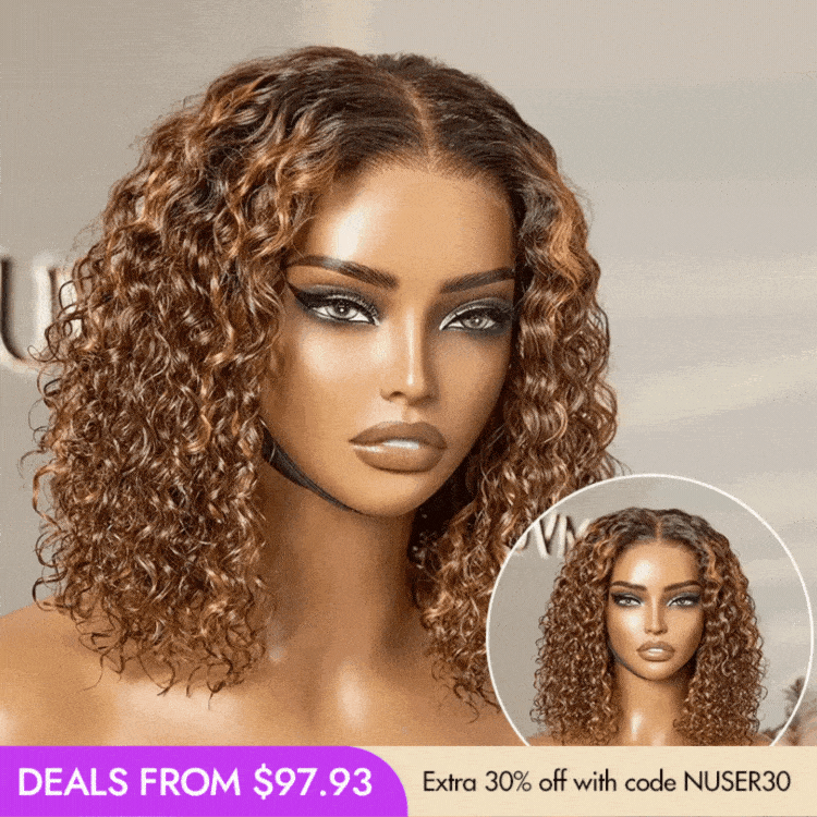 New Customers Only | Brown Highlight / Natural Black / Blonde Highlight Deep Curly Glueless 5x5 Closure Pre-Cut Lace Wig Breathable Cap