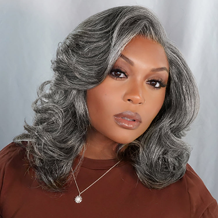 Layered Blowout Salt and Pepper Glueless Grey Wig Minimalist HD Lace Shoulder Length Wavy Wig