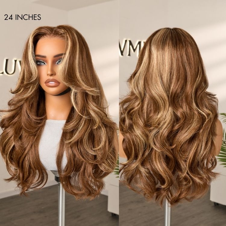 PreMax 180% Density Blonde Highlight Layered Body Wave Glueless 13x4 Frontal Lace Long Wig Human Hair Pre-Cut Lace