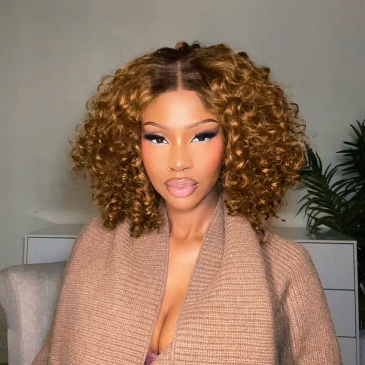 Weekly Special | Brown Highlight / Natural Black / Blonde Highlight Deep Curly Glueless 5x5 Closure Pre-Cut Lace Wig Breathable Cap