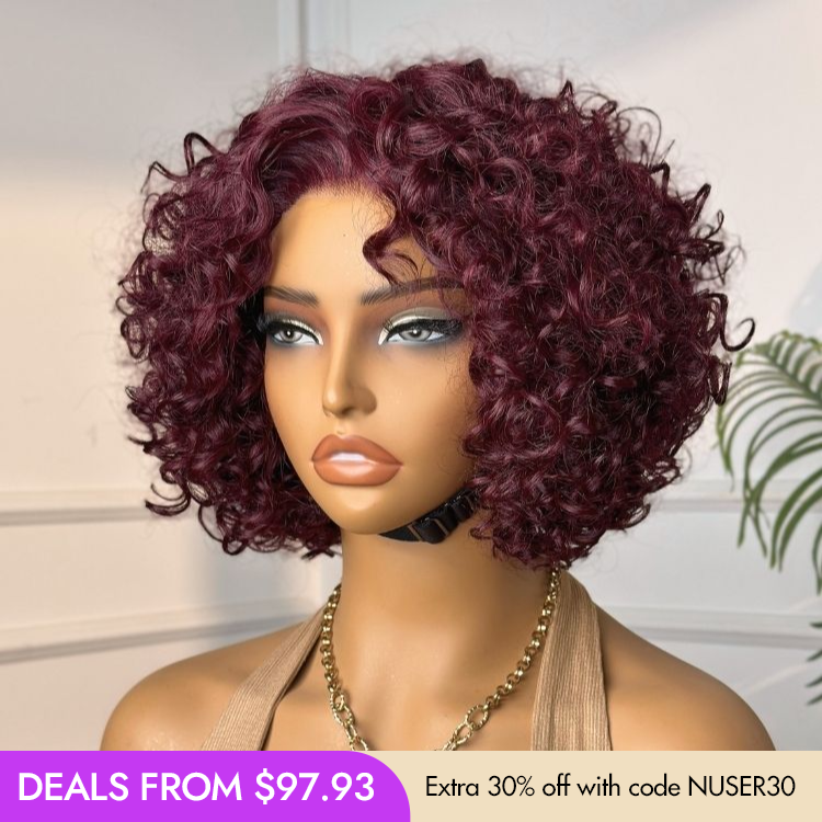 New Customers Only | Trendy Burgundy Curly Bob Glueless Minimalist HD Lace T Part 99J Hair Color Wig 100% Human Hair
