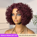 New Customers Only | Trendy Burgundy Curly Bob Glueless Minimalist HD Lace T Part 99J Hair Color Wig 100% Human Hair