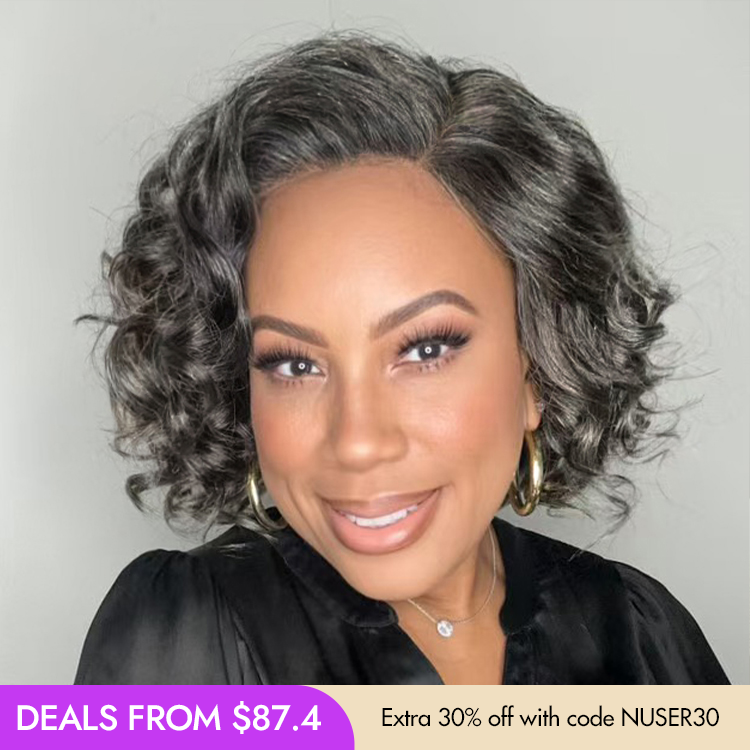 New Customers Only | Elegant Salt & Pepper Grey Wig Loose Body Wave Glueless Minimalist Lace Short Wig Pre-Cut Lace