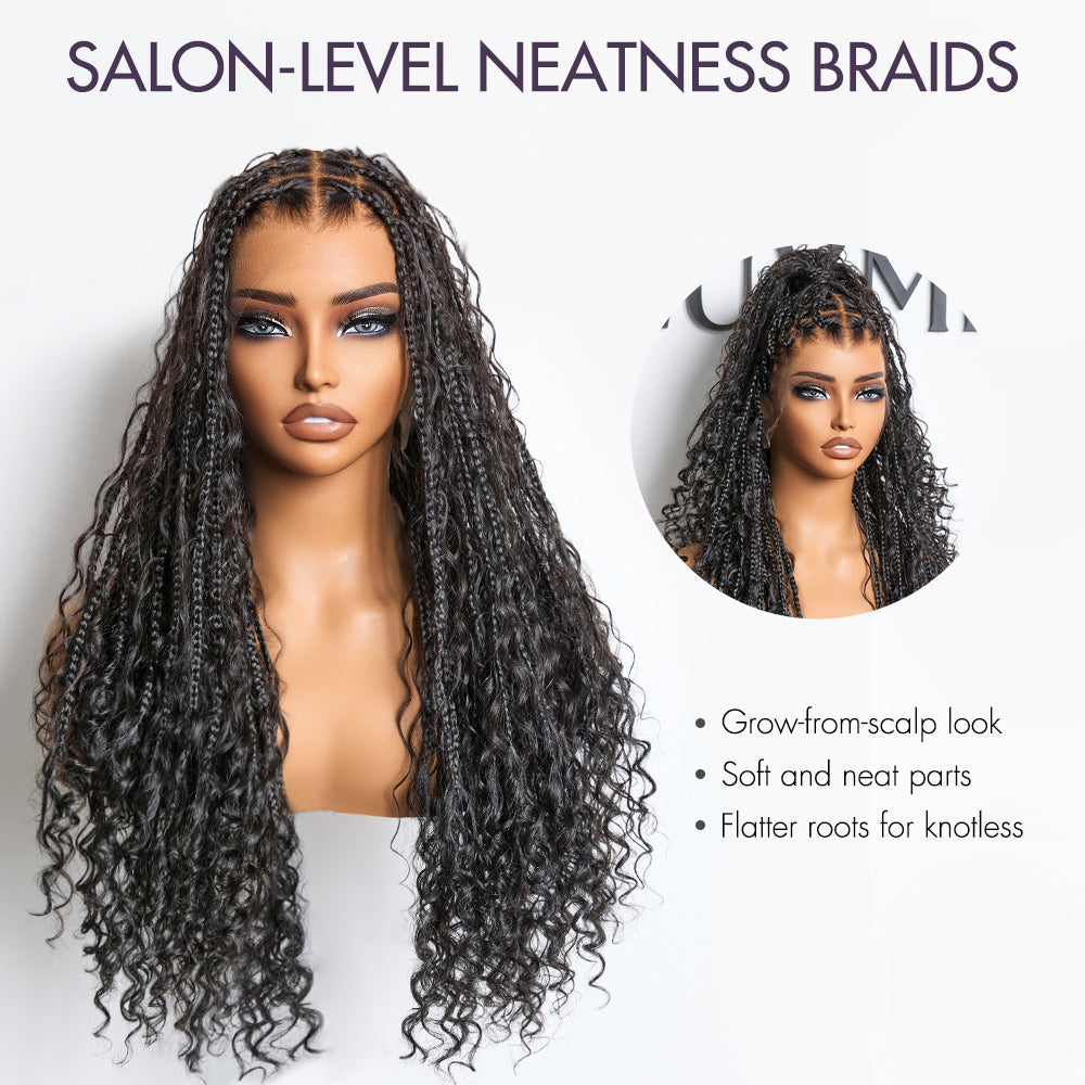 48H Delivery | Flexi-Fit Invisi Drawstring Cap Full Lace Knotless Boho Curls Braided Long Wig Super Natural Scalp -US ONLY