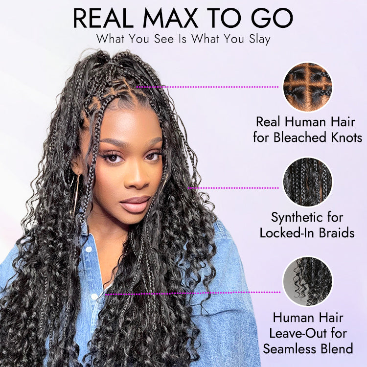 48H Delivery | Flexi-Fit Invisi Drawstring Cap Full Lace Knotless Boho Curls Braided Long Wig Super Natural Scalp -US ONLY
