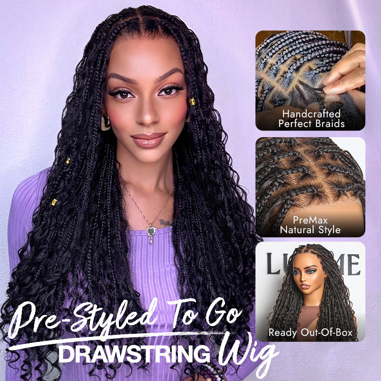 48H Delivery | Flexi-Fit Invisi Drawstring Cap Full Lace Knotless Boho Curls Braided Long Wig Super Natural Scalp -US ONLY