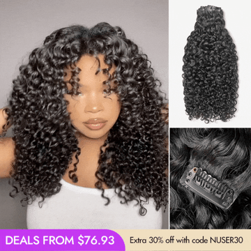 New Customers Only | Messy Burmese Curly Invisible Edge Seamless Clip in Extensions Human Hair with Free Gift