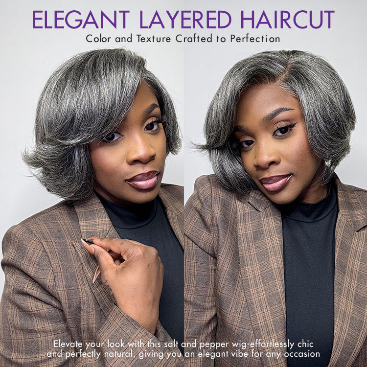 New Customers Only | Boss Vibe Salt & Pepper Layered Bob / Body Wave Glueless Pre-Cut Minimalist Lace Grey Wig