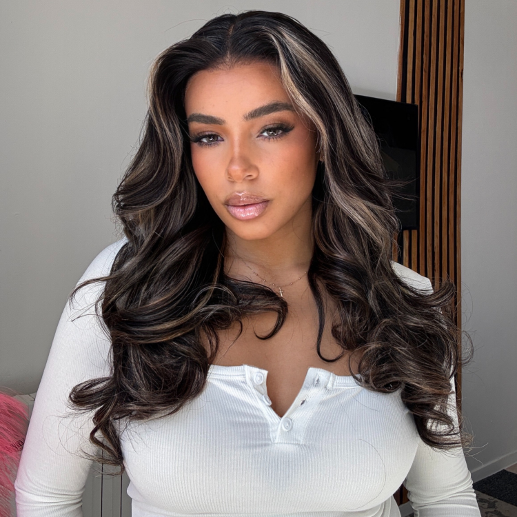 18 Inches=$129.9 | Curtain Bangs Blonde Highlight Loose Wave Glueless 5x5 Closure Pre-Cut Lace Wig All Head Sizes Fit Cap