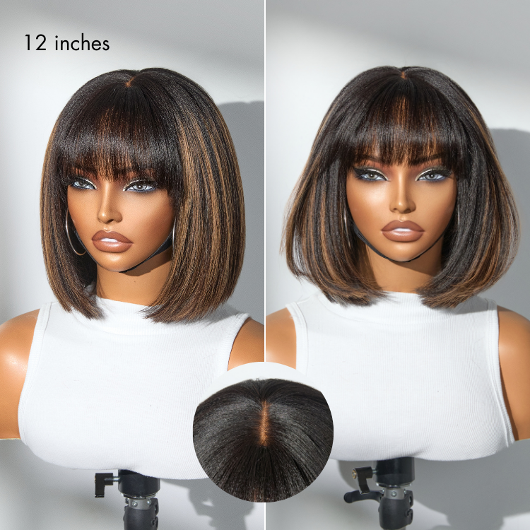Exclusive Discount | Put On and Go Realistic Glueless Yaki Straight Bob With Bangs Minimalist HD Lace Wig 100% Human Hair