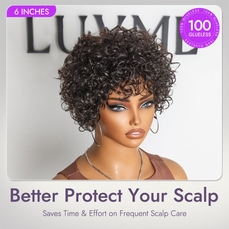 Beginner Friendly Throw On & Go Short Bouncy Curls with Bangs Glueless Wig 100% Human Hair - US Only