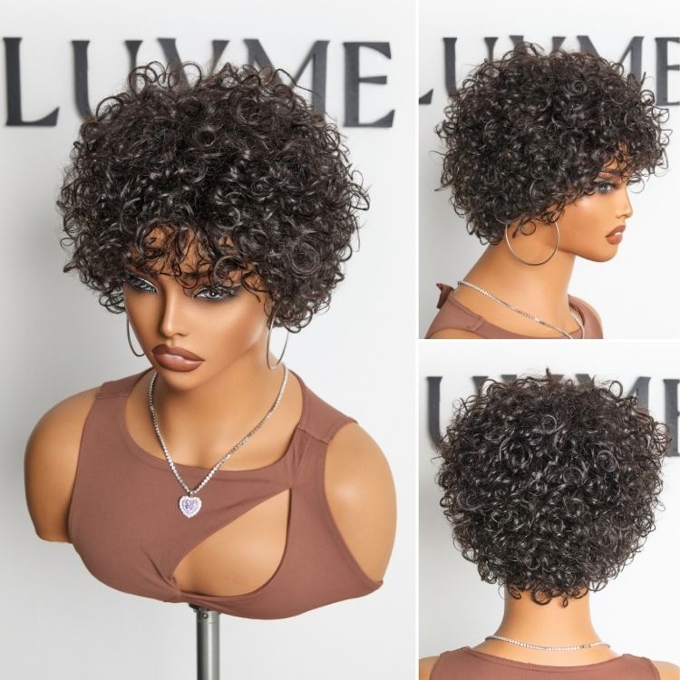 Beginner Friendly Throw On & Go Short Bouncy Curls with Bangs Glueless Wig 100% Human Hair - US Only
