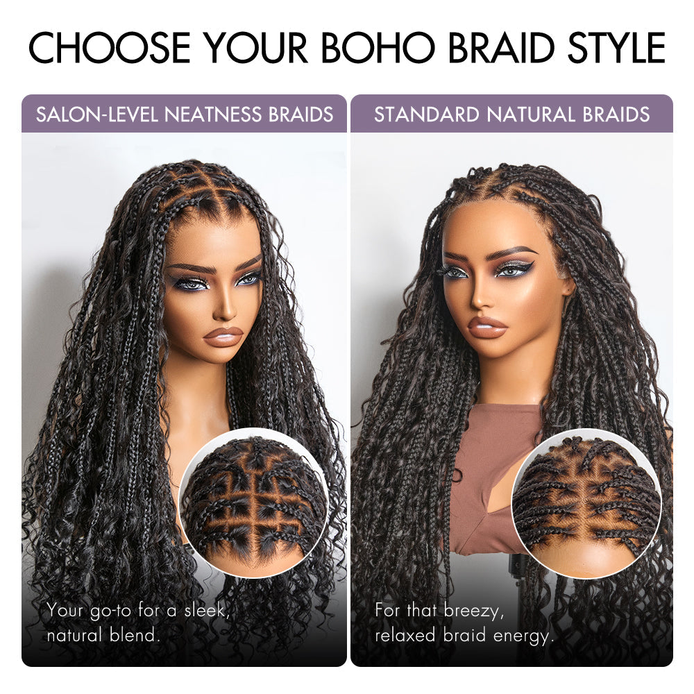 48H Delivery | Flexi-Fit Invisi Drawstring Cap Full Lace Knotless Boho Curls Braided Long Wig Super Natural Scalp -US ONLY
