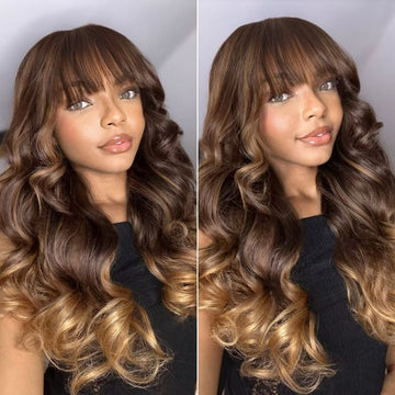 Luvme All-Day Comfort™ Wig 180% Density Ombre Blonde Highlight Loose Body Wave Glueless 7x6 Closure HD Lace Human Hair Wig with Bangs Pre-Cut Lace