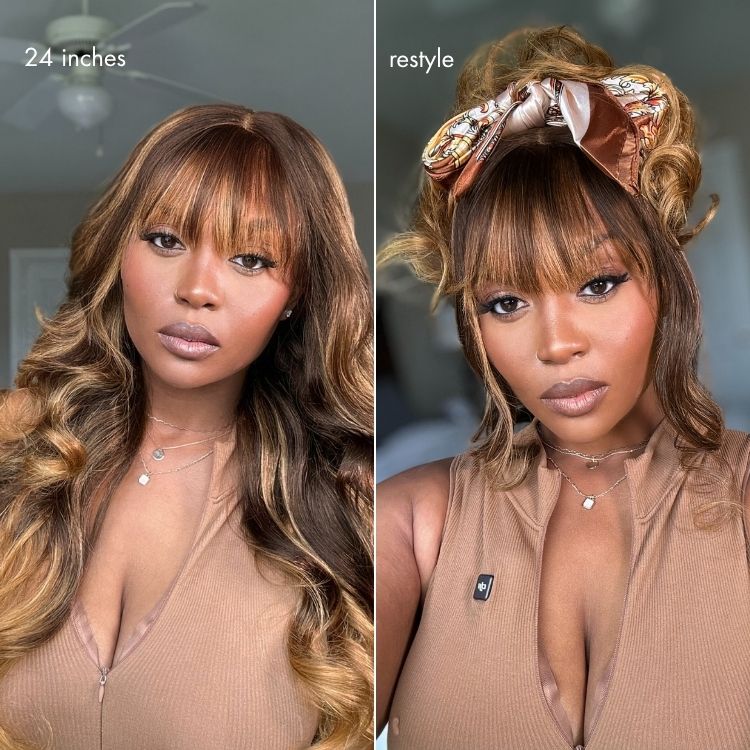 Luvme All-Day Comfort™ Wig 180% Density Ombre Blonde Highlight Loose Body Wave Glueless 7x6 Closure HD Lace Human Hair Wig with Bangs Pre-Cut Lace