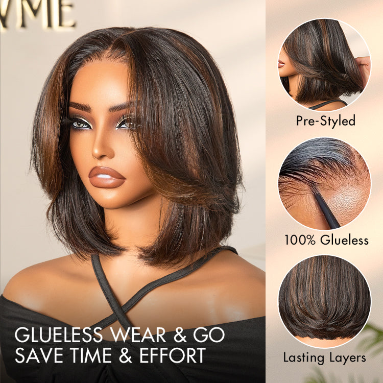 Blonde Highlight / Brown Highlight Short Layered Bob Wig Glueless 5x5 Closure Pre-Cut Lace Wig