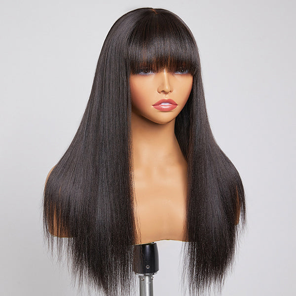 Points Reward | 18 Inches Yaki Straight Ultra Natural Minimalist Undetectable Lace Long Wig With Bangs 100% Human Hair