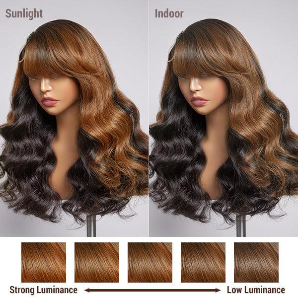 Brown Mix Black / Natural Black C Part Glueless Loose Wave 5x5 Closure Wig with Bangs- US ONLY