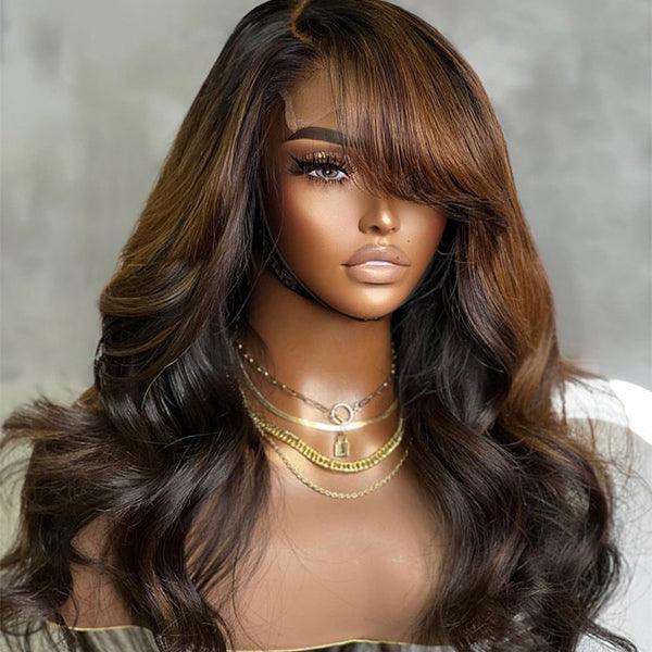 Brown Mix Black / Natural Black C Part Glueless Loose Wave 5x5 Closure Wig with Bangs- US ONLY